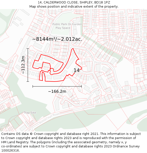 14, CALDERWOOD CLOSE, SHIPLEY, BD18 1PZ: Plot and title map
