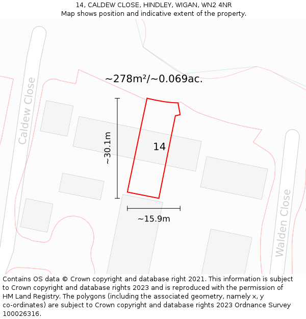 14, CALDEW CLOSE, HINDLEY, WIGAN, WN2 4NR: Plot and title map