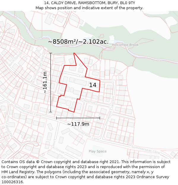 14, CALDY DRIVE, RAMSBOTTOM, BURY, BL0 9TY: Plot and title map