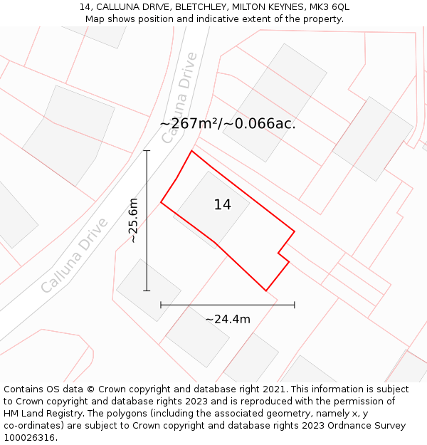 14, CALLUNA DRIVE, BLETCHLEY, MILTON KEYNES, MK3 6QL: Plot and title map