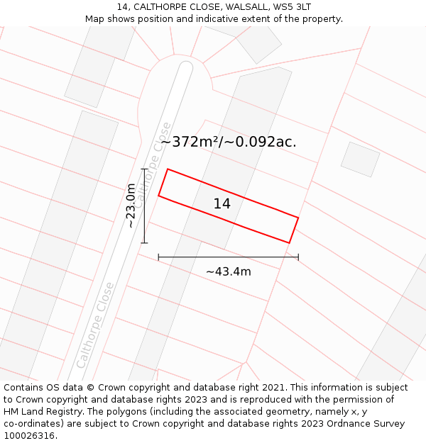 14, CALTHORPE CLOSE, WALSALL, WS5 3LT: Plot and title map