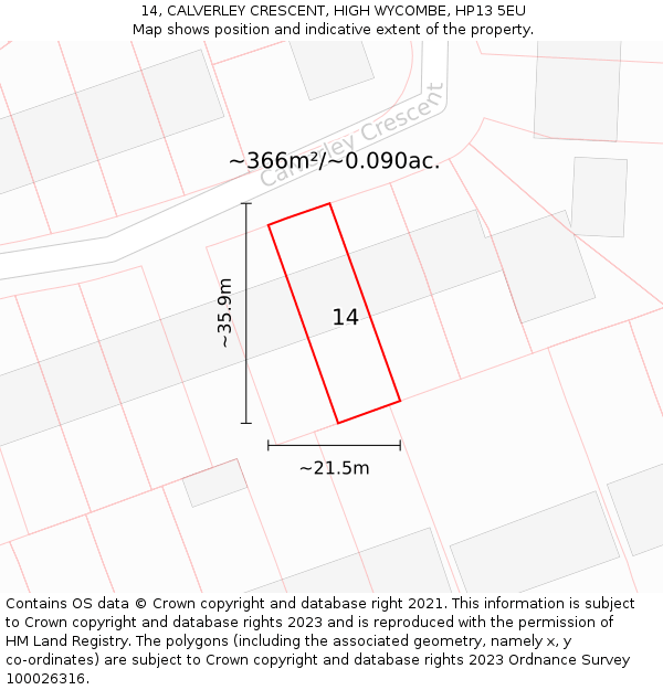 14, CALVERLEY CRESCENT, HIGH WYCOMBE, HP13 5EU: Plot and title map