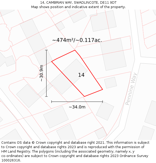 14, CAMBRIAN WAY, SWADLINCOTE, DE11 9DT: Plot and title map