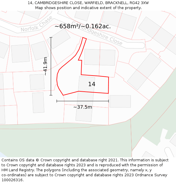 14, CAMBRIDGESHIRE CLOSE, WARFIELD, BRACKNELL, RG42 3XW: Plot and title map
