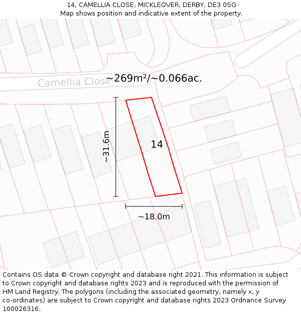 14, CAMELLIA CLOSE, MICKLEOVER, DERBY, DE3 0SG: Plot and title map