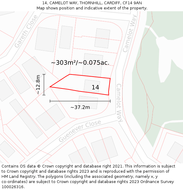 14, CAMELOT WAY, THORNHILL, CARDIFF, CF14 9AN: Plot and title map