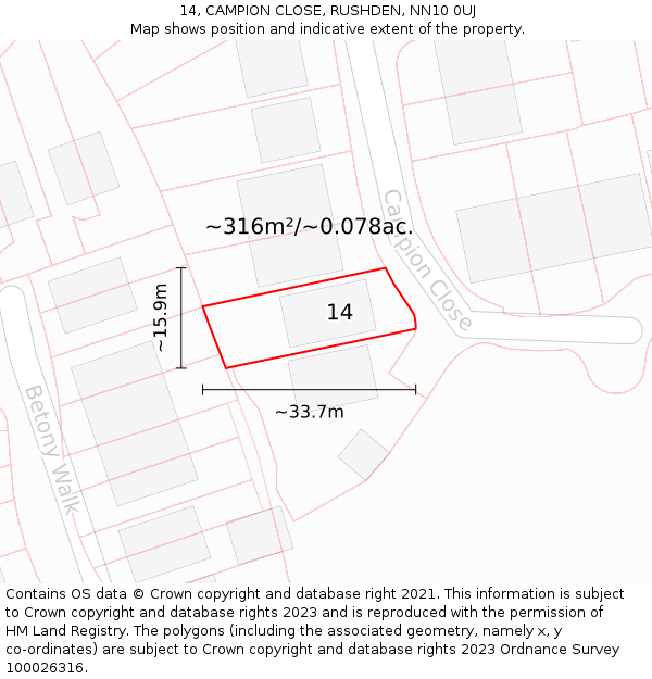 14, CAMPION CLOSE, RUSHDEN, NN10 0UJ: Plot and title map