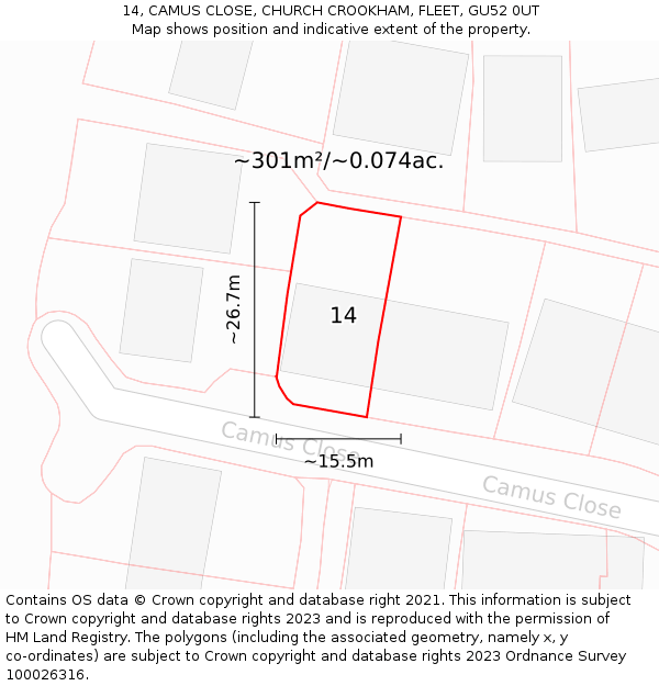 14, CAMUS CLOSE, CHURCH CROOKHAM, FLEET, GU52 0UT: Plot and title map