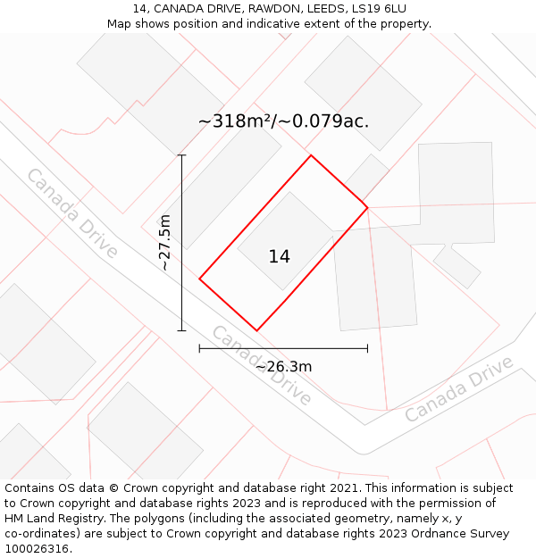 14, CANADA DRIVE, RAWDON, LEEDS, LS19 6LU: Plot and title map