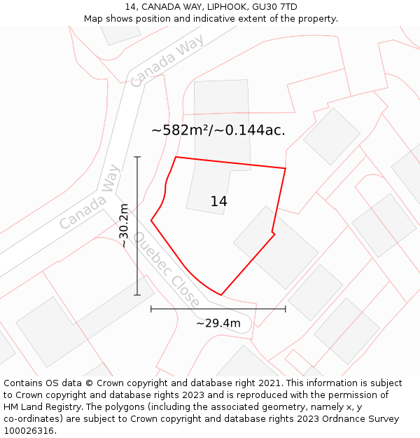 14, CANADA WAY, LIPHOOK, GU30 7TD: Plot and title map