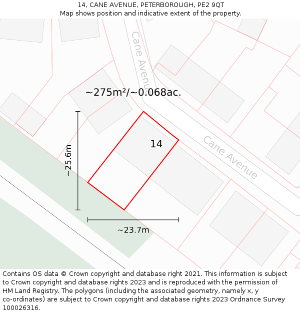 14, CANE AVENUE, PETERBOROUGH, PE2 9QT: Plot and title map
