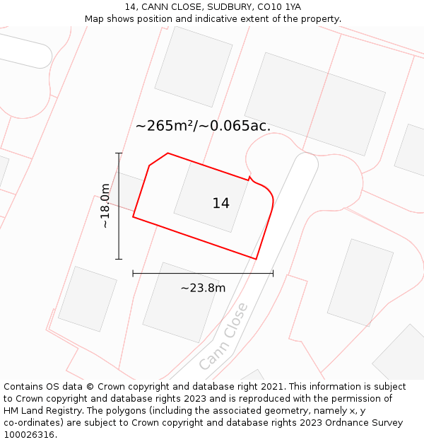 14, CANN CLOSE, SUDBURY, CO10 1YA: Plot and title map