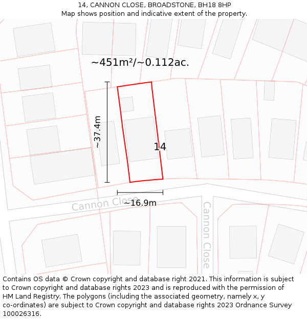 14, CANNON CLOSE, BROADSTONE, BH18 8HP: Plot and title map