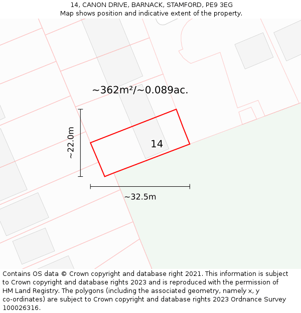 14, CANON DRIVE, BARNACK, STAMFORD, PE9 3EG: Plot and title map