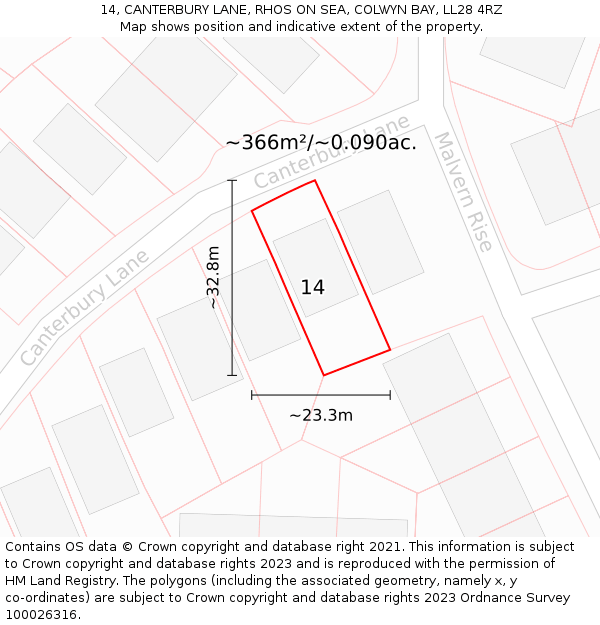 14, CANTERBURY LANE, RHOS ON SEA, COLWYN BAY, LL28 4RZ: Plot and title map