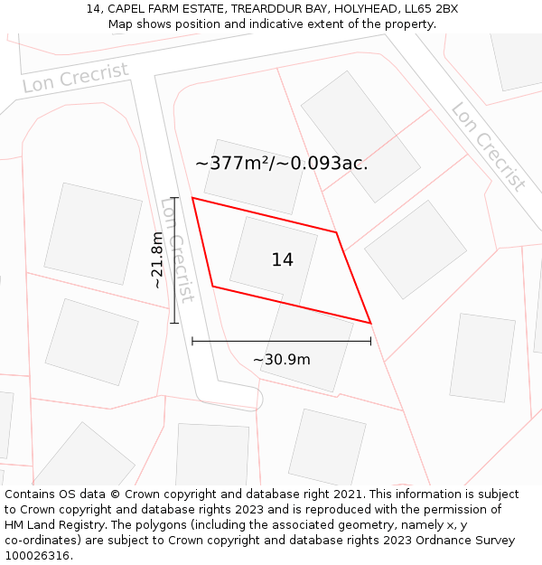 14, CAPEL FARM ESTATE, TREARDDUR BAY, HOLYHEAD, LL65 2BX: Plot and title map