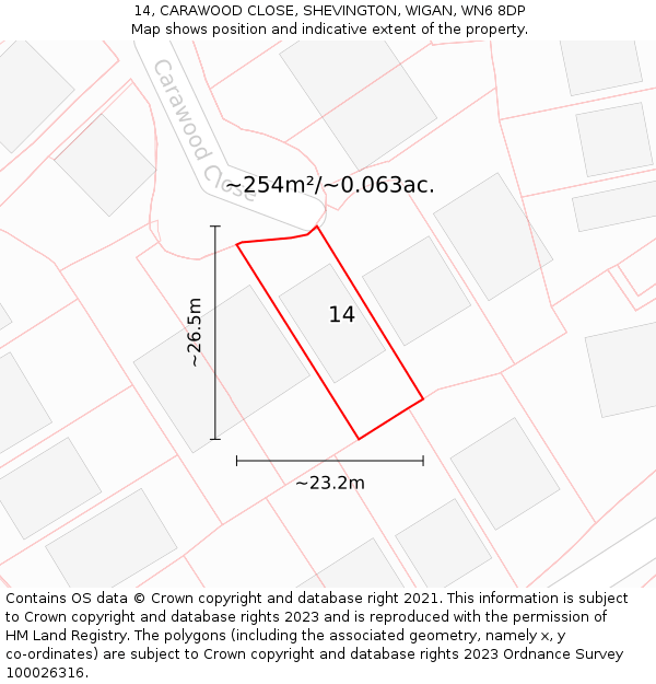 14, CARAWOOD CLOSE, SHEVINGTON, WIGAN, WN6 8DP: Plot and title map