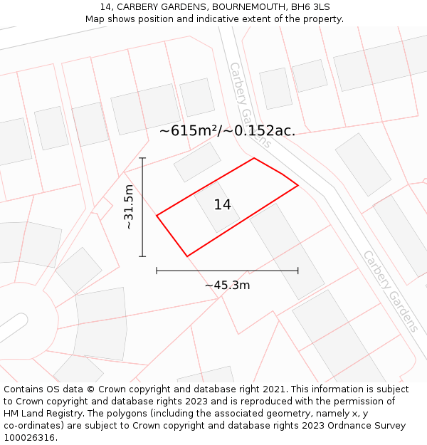 14, CARBERY GARDENS, BOURNEMOUTH, BH6 3LS: Plot and title map