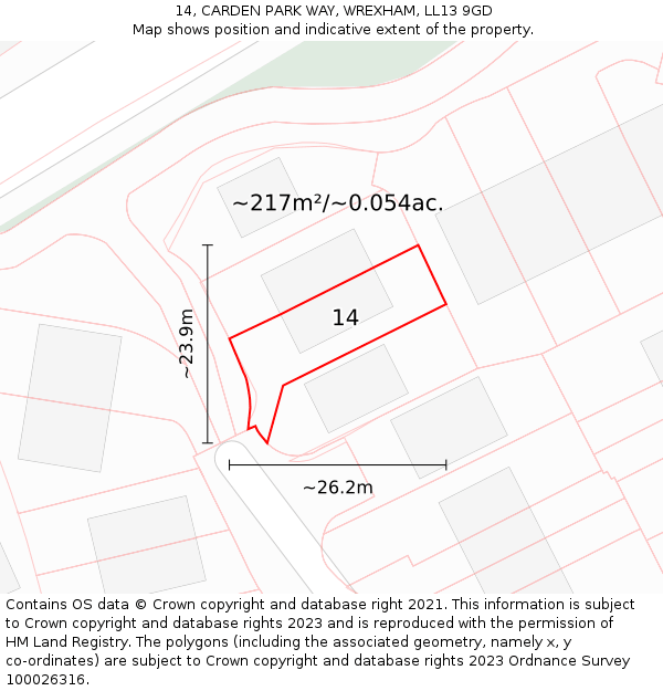 14, CARDEN PARK WAY, WREXHAM, LL13 9GD: Plot and title map