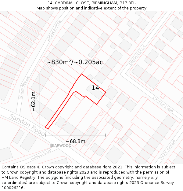 14, CARDINAL CLOSE, BIRMINGHAM, B17 8EU: Plot and title map