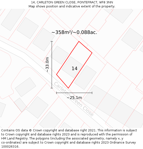 14, CARLETON GREEN CLOSE, PONTEFRACT, WF8 3NN: Plot and title map