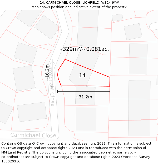 14, CARMICHAEL CLOSE, LICHFIELD, WS14 9YW: Plot and title map