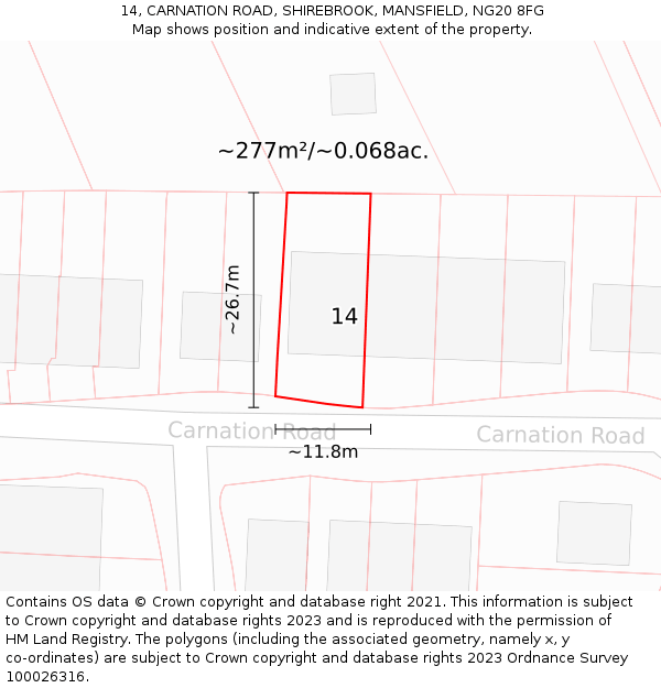 14, CARNATION ROAD, SHIREBROOK, MANSFIELD, NG20 8FG: Plot and title map