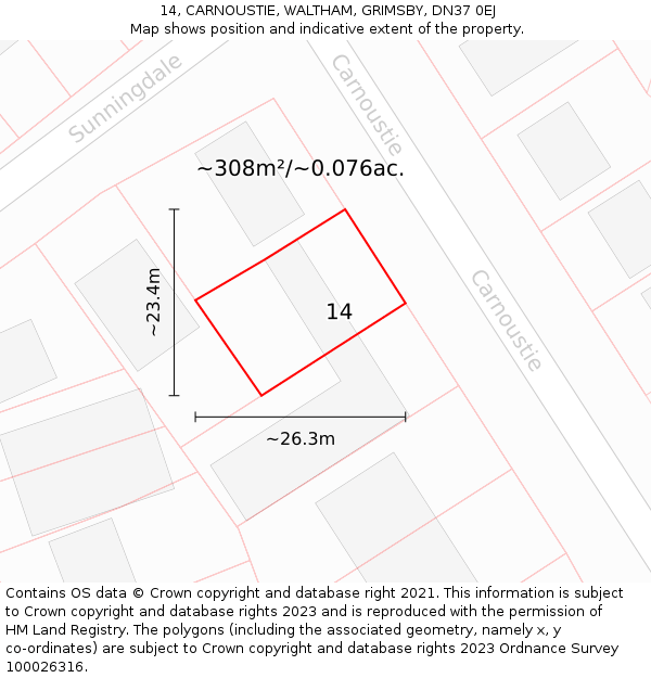 14, CARNOUSTIE, WALTHAM, GRIMSBY, DN37 0EJ: Plot and title map