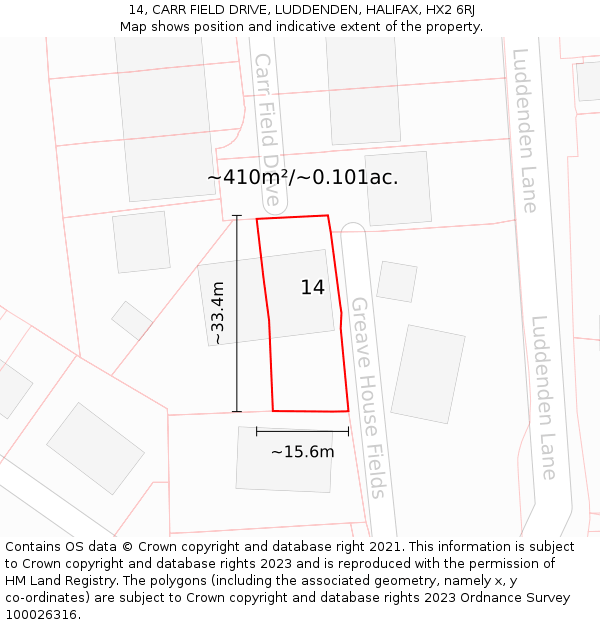 14, CARR FIELD DRIVE, LUDDENDEN, HALIFAX, HX2 6RJ: Plot and title map