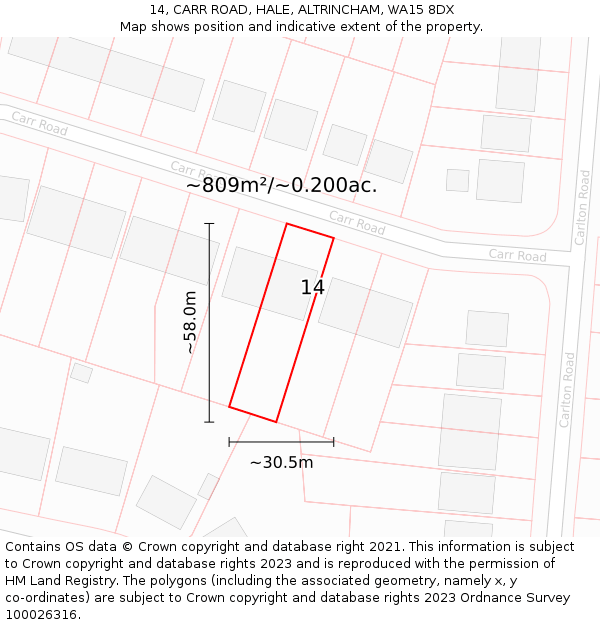 14, CARR ROAD, HALE, ALTRINCHAM, WA15 8DX: Plot and title map