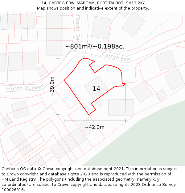 14, CARREG ERW, MARGAM, PORT TALBOT, SA13 2XY: Plot and title map