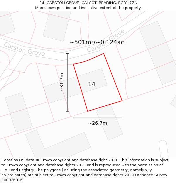 14, CARSTON GROVE, CALCOT, READING, RG31 7ZN: Plot and title map
