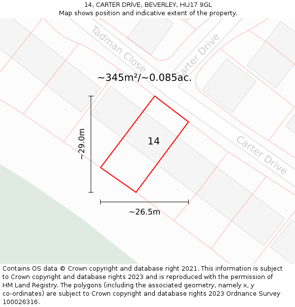 14, CARTER DRIVE, BEVERLEY, HU17 9GL: Plot and title map