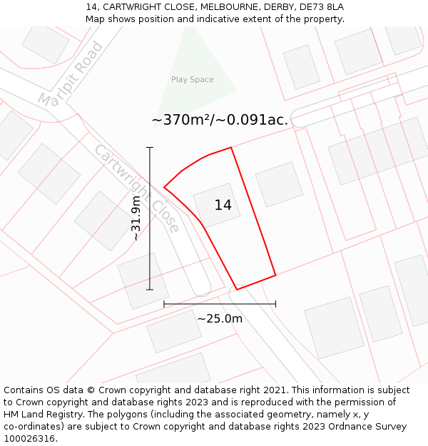 14, CARTWRIGHT CLOSE, MELBOURNE, DERBY, DE73 8LA: Plot and title map