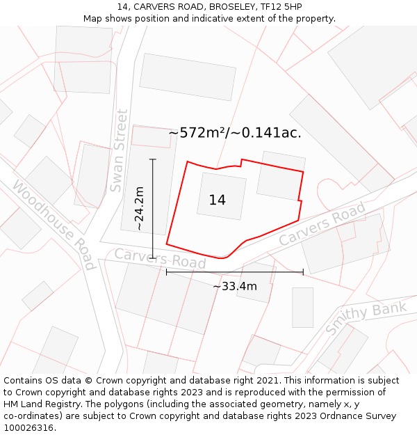 14, CARVERS ROAD, BROSELEY, TF12 5HP: Plot and title map
