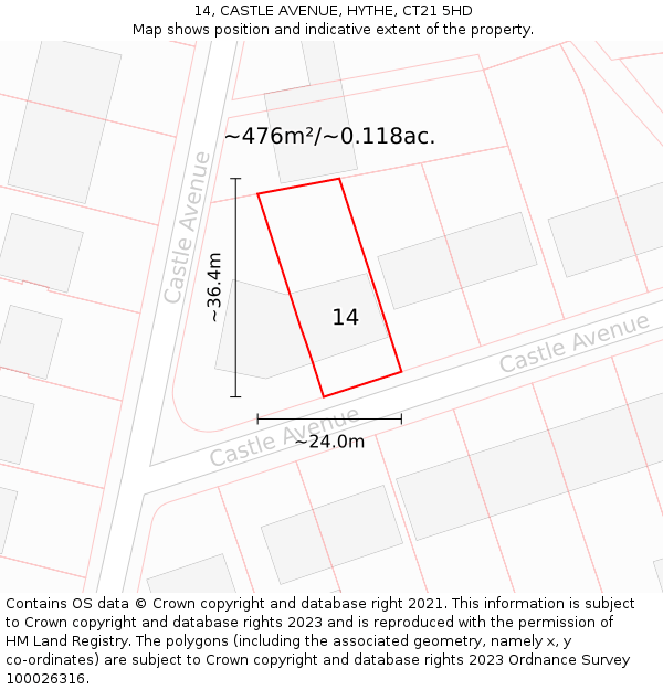 14, CASTLE AVENUE, HYTHE, CT21 5HD: Plot and title map