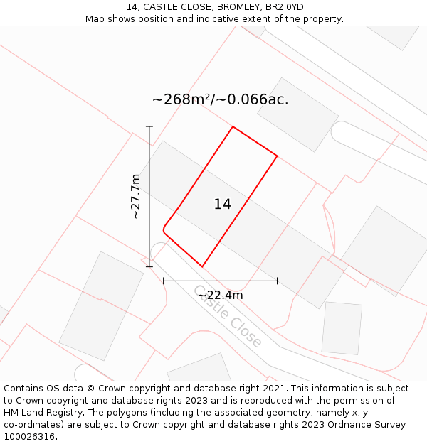 14, CASTLE CLOSE, BROMLEY, BR2 0YD: Plot and title map
