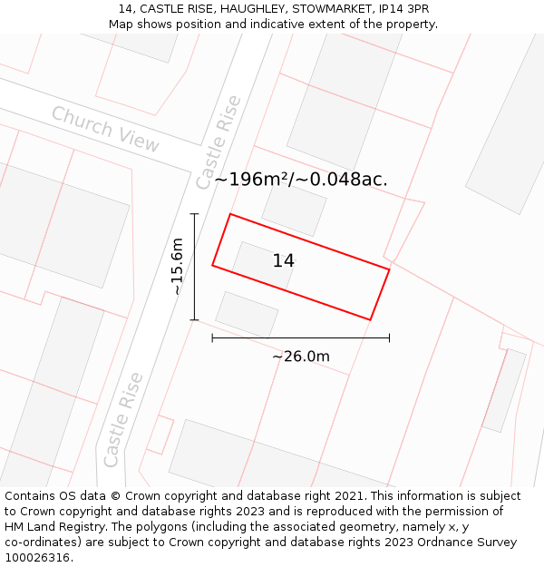 14, CASTLE RISE, HAUGHLEY, STOWMARKET, IP14 3PR: Plot and title map