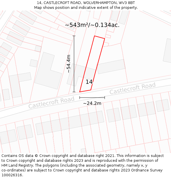 14, CASTLECROFT ROAD, WOLVERHAMPTON, WV3 8BT: Plot and title map