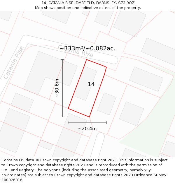 14, CATANIA RISE, DARFIELD, BARNSLEY, S73 9QZ: Plot and title map