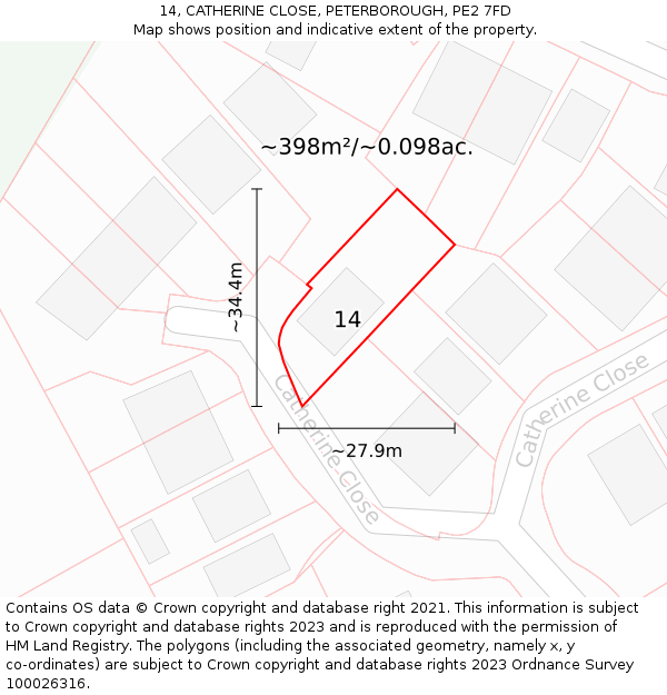 14, CATHERINE CLOSE, PETERBOROUGH, PE2 7FD: Plot and title map