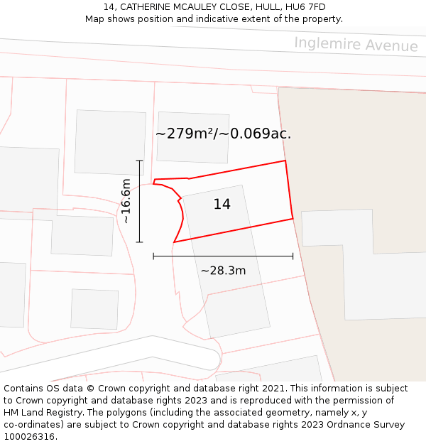 14, CATHERINE MCAULEY CLOSE, HULL, HU6 7FD: Plot and title map