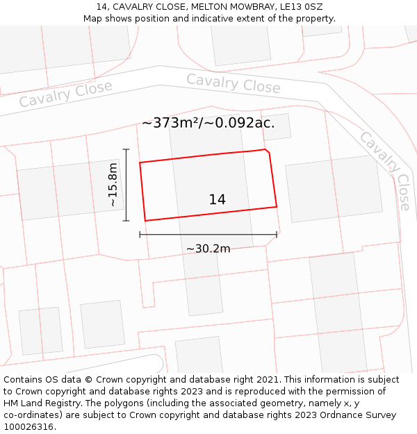 14, CAVALRY CLOSE, MELTON MOWBRAY, LE13 0SZ: Plot and title map