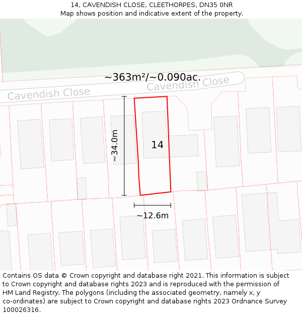 14, CAVENDISH CLOSE, CLEETHORPES, DN35 0NR: Plot and title map