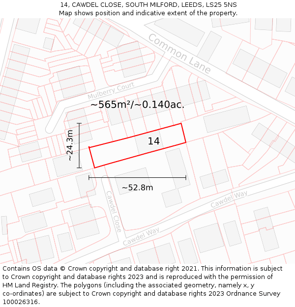 14, CAWDEL CLOSE, SOUTH MILFORD, LEEDS, LS25 5NS: Plot and title map