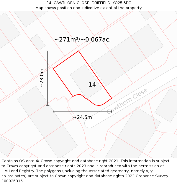 14, CAWTHORN CLOSE, DRIFFIELD, YO25 5PG: Plot and title map