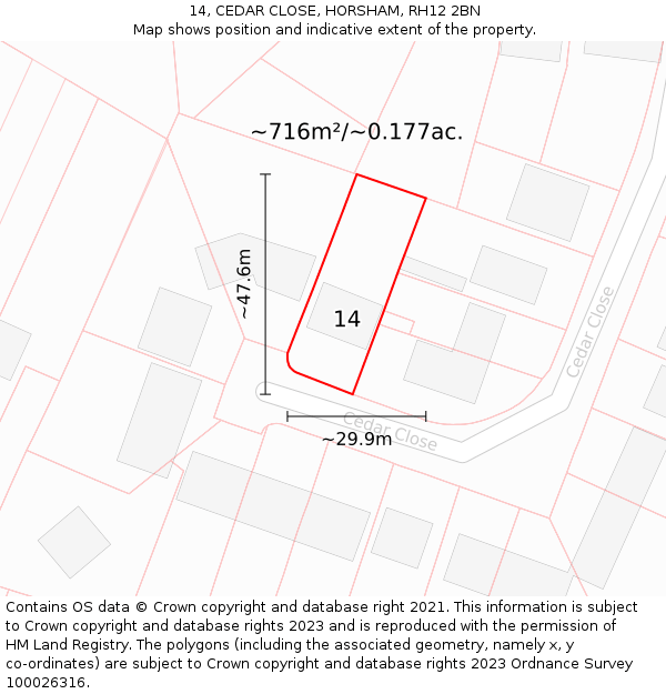 14, CEDAR CLOSE, HORSHAM, RH12 2BN: Plot and title map