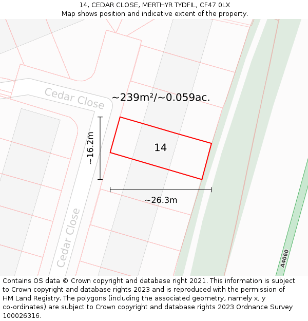 14, CEDAR CLOSE, MERTHYR TYDFIL, CF47 0LX: Plot and title map