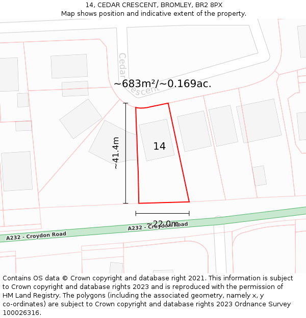 14, CEDAR CRESCENT, BROMLEY, BR2 8PX: Plot and title map