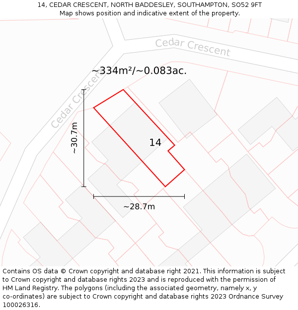 14, CEDAR CRESCENT, NORTH BADDESLEY, SOUTHAMPTON, SO52 9FT: Plot and title map
